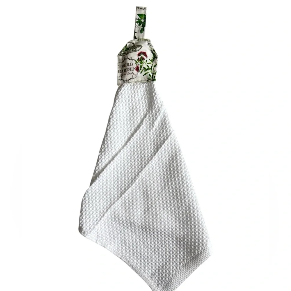 Hand Crafted Garden Herbs White Hanging Kitchen Hand Towel 100% Cotton